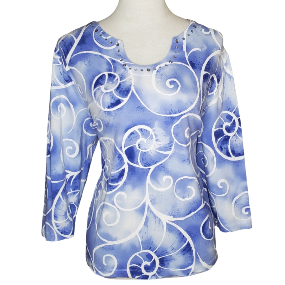 Alfred Dunner Ombre Blue & White Nautilus Scroll Print  Cotton Blend Top